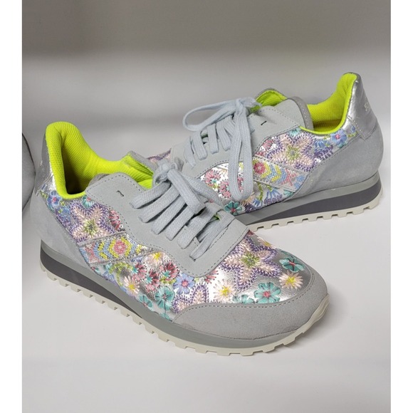 Johnny Was Shoes - Gray Suede W M/C Floral Stitching Trim Johnny Was Lace Up Sneakers Size 37